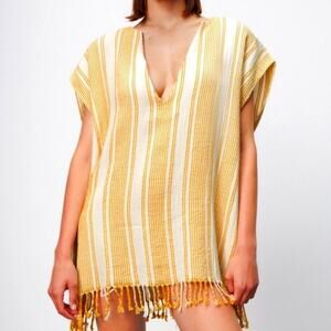Zara White Yellow Embroidered 100% Cotton Fringe Mini Dress Women's Size M/L